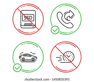 Do or Stop. Share call, Car and Ssd icons simple set. Fast delivery sign. Phone support, Transport, Memory disk. Stopwatch. Technology set. Line share call do icon. Prohibited ban stop. Good or bad
