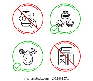 Do or Stop. Ship, Call center and Dirty water icons simple set. Credit card sign. Shipping watercraft, Phone support, Aqua drop. Loan percent. Line ship do icon. Prohibited ban stop. Good or bad