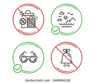 Do or Stop. Shopping bags, Sunglasses and Sea mountains icons simple set. Bell sign. Sale discount, Travel glasses, Summer travel. Alarm signal. Holidays set. Line shopping bags do icon. Vector