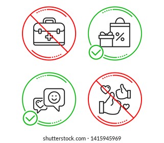 Do or Stop. Shopping, Smile and First aid icons simple set. Like sign. Gifts and sales, Socila media, Medicine case. Thumbs up. Line shopping do icon. Prohibited ban stop. Good or bad. Vector