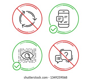 Do or Stop. Smartphone notification, Recycling and Artificial intelligence icons simple set. Question mark sign. Chat message, Reduce waste, Find data. Quiz chat. Technology set. Vector