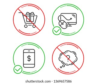Do or Stop. Smartphone payment, Shopping cart and Computer mouse icons simple set. Question mark sign. Mobile pay, Gift box, Pc component. Quiz chat. Technology set. Line smartphone payment do icon