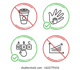 Do or Stop. Social responsibility, Correct checkbox and Takeaway coffee icons simple set. Chart sign. Hand, Answer, Hot latte drink. Presentation chart. Line social responsibility do icon. Vector
