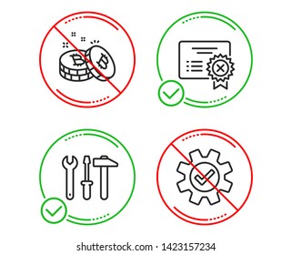Do or Stop. Spanner tool, Bitcoin and Reject certificate icons simple set. Service sign. Repair screwdriver, Cryptocurrency coin, Decline file. Cogwheel gear. Technology set. Line spanner tool do icon