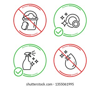 Do or Stop. Sponge, Washing cleanser and Clean dishes icons simple set. Water drop sign. Cleaner bucket, Housekeeping spray, Dishwasher concept. Crystal aqua. Cleaning set. Line sponge do icon