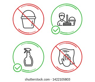 Do or Stop. Spray, Cleaning service and Bucket icons simple set. Washing cloth sign. Washing cleanser, Bucket with mop, Wipe with a rag. Cleaning set. Line spray do icon. Prohibited ban stop. Vector