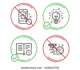 Do or Stop. Star rating, Idea and Technical info icons simple set. Quick tips sign. Phone feedback, Creativity, Documentation. Helpful tricks. Technology set. Line star rating do icon. Vector