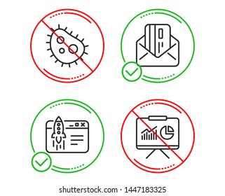 Do or Stop. Start business, Bacteria and Credit card icons simple set. Presentation sign. Launch idea, Antibacterial, Mail. Board with charts. Technology set. Line start business do icon. Vector