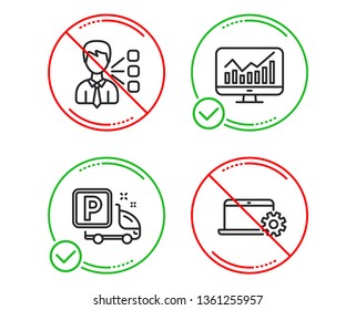 Do or Stop. Statistics, Truck parking and Third party icons simple set. Notebook service sign. Financial report, Free park, Team leader. Computer repair. Line statistics do icon. Prohibited ban stop