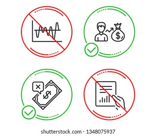 Do or Stop. Stock analysis, Sallary and Rejected payment icons simple set. Document sign. Business trade, Person earnings, Bank transfer. File with diagram. Finance set. Line stock analysis do icon