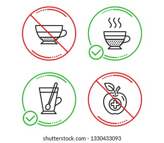 Do or Stop. Tea mug, Americano and Cafe creme icons simple set. Medical food sign. Cup with teaspoon, Beverage cup, Hot coffee. Apple. Food and drink set. Line tea mug do icon. Prohibited ban stop