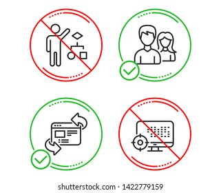 Do or Stop. Teamwork, Algorithm and Refresh website icons simple set. Seo sign. Man with woman, Developers job, Update internet. Search engine. Line teamwork do icon. Prohibited ban stop. Good or bad