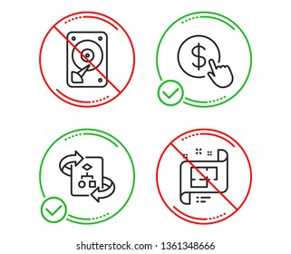 Do or Stop. Technical algorithm, Buy currency and Hdd icons simple set. Architectural plan sign. Project doc, Money exchange, Hard disk. Technical project. Technology set. Vector