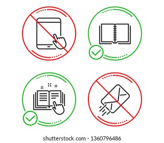 Do or Stop. Technical documentation, Tablet pc and Book icons simple set. E-mail sign. Manual, Touchscreen gadget, E-learning course. Mail delivery. Education set. Line technical documentation do icon