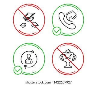 Do or Stop. Throw hats, Share call and Person info icons simple set. Victory sign. College graduation, Phone support, Refresh user data. Championship prize. Business set. Line throw hats do icon