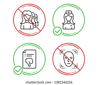 Do or Stop. Thumb down, Women headhunting and Hospital nurse icons simple set. Face detection sign. Decline file, Women teamwork, Medical assistant. Detect person. People set. Line thumb down do icon