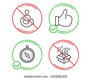 Do or Stop. Travel compass, Like and Share icons simple set. Gift sign. Trip destination, Thumbs up, Referral person. New year. Business set. Line travel compass do icon. Prohibited ban stop. Vector
