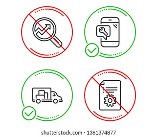 Do or Stop. Truck transport, Analytics and Phone repair icons simple set. Technical documentation sign. Delivery, Audit analysis, Spanner service. Manual. Technology set. Line truck transport do icon