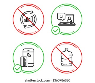 Do or Stop. Update data, Contactless payment and Smile icons simple set. Cooler bottle sign. Sales chart, Phone money, Laptop feedback. Water drink. Line update data do icon. Prohibited ban stop