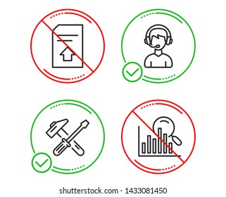 Do or Stop. Upload file, Hammer tool and Consultant icons simple set. Search sign. Load document, Repair screwdriver, Call center. Analytics. Business set. Line upload file do icon. Vector