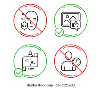 Do or Stop. Uv protection, Like photo and Journey path icons simple set. Time management sign. Ultraviolet, Thumbs up, Project process. User with clock. People set. Line uv protection do icon. Vector