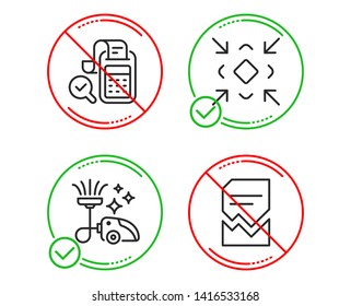 Do or Stop. Vacuum cleaner, Bill accounting and Minimize icons simple set. Corrupted file sign. Vacuum-clean, Audit report, Small screen. Damaged document. Technology set. Line vacuum cleaner do icon