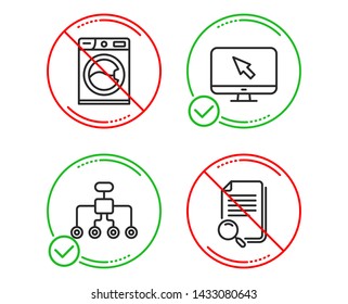 Do or Stop. Washing machine, Internet and Restructuring icons simple set. Search file sign. Laundry service, Monitor with cursor, Delegate. Find document. Business set. Line washing machine do icon