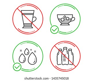 Do or Stop. Water drop, Cold coffee and Latte icons simple set. Water bottles sign. Aqua, Ice cubes in beverage, Coffee beverage. Aqua drinks. Food and drink set. Line water drop do icon. Vector
