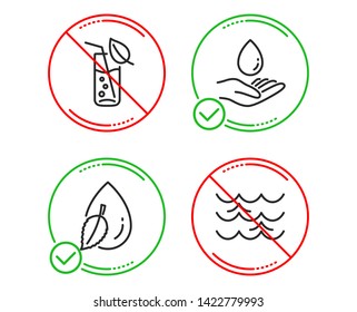 Do or Stop. Water glass, Water drop and Waves icons simple set. Soda drink, Mint leaf, Aqua drop. Nature set. Line water glass do icon. Prohibited ban stop. Good or bad. Vector