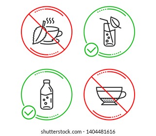 Do or Stop. Water glass, Mint tea and Water bottle icons simple set. Dry cappuccino sign. Soda drink, Mentha beverage, Beverage mug. Food and drink set. Line water glass do icon. Prohibited ban stop