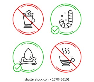 Do or Stop. Water splash, Latte coffee and Candy icons simple set. Doppio sign. Aqua drop, Hot drink with whipped cream, Lollypop. Coffee drink. Food and drink set. Line water splash do icon. Vector