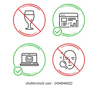 Do or Stop. Web report, E-mail and Beer glass icons simple set. Face search sign. Graph chart, New message, Brewery beverage. Find user. Line web report do icon. Prohibited ban stop. Good or bad