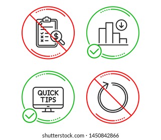 Do or Stop. Web tutorials, Accounting report and Decreasing graph icons simple set. Loop sign. Quick tips, Check finance, Crisis chart. Refresh. Line web tutorials do icon. Prohibited ban stop