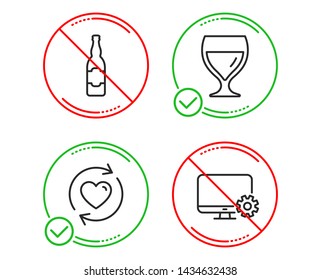Do or Stop. Wine glass, Update relationships and Beer bottle icons simple set. Monitor settings sign. Cabernet wineglass, Refresh love, Craft beer. Service cogwheel. Line wine glass do icon. Vector