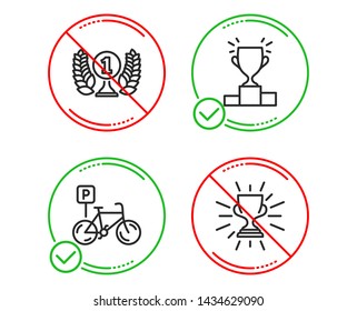 Do or Stop. Winner podium, Laureate award and Bicycle parking icons simple set. Trophy sign. Competition results, Prize, Bike park. Winner cup. Sports set. Line winner podium do icon. Vector