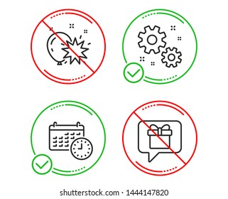 Do or Stop. Work, Calendar and Balloon dart icons simple set. Wish list sign. Settings, Time, Attraction park. Present box. Business set. Line work do icon. Prohibited ban stop. Good or bad. Vector
