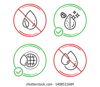 Do or Stop. World water, Dirty water and Leaf dew icons simple set. Oil drop sign. Aqua drop, Serum. Nature set. Line world water do icon. Prohibited ban stop. Good or bad. Vector