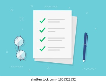 To do task form check list checkmarks as paper sheet on working desk vector flat lay, completed things done, idea of test survey or examination poll modern design