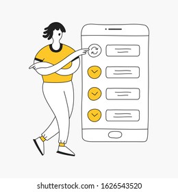 To do or task list check list marks on the smartphone display and cartoon man points to one of the tasks in the progress. Modern thin line isolated vector illustration.