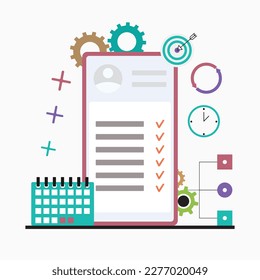 To do task list on smartphone, planning organization online application, calendar and clock. Vector illustration. Task manager, productivity time app, online optimization, online to-do list