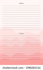 to do tasks list and notes with column and row lining. planner template. Design for diary notebook notepad on multi-colored sheets with abstract bright background of gradient peaks of mountains