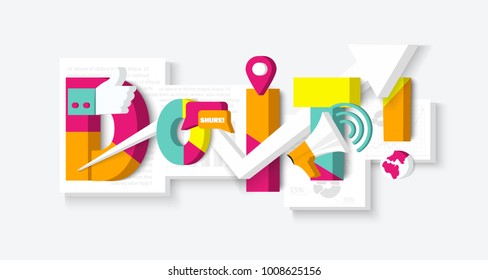 Do It text inscription in modern typography. Colorful geometric style with Arrow, Loudspeaker, Graphics . Can be used on Flyers Banners Web or Typography Poster. Vector illustration. EPS 10.