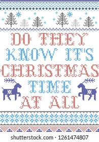 Do they know is Christmas time at all Scandinavian style vector  pattern inspired by Nordic culture festive winter in cross stitch with heart, snowflakes, star,  snow, Christmas tree in red , blue
