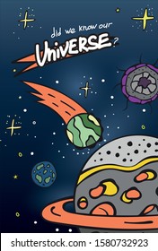 Do we know our universe. Vector illustration of a flying asteroid on an unknown planet in space.