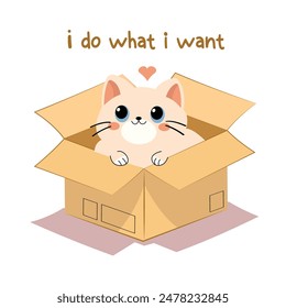 I do what i want typography with cute cat in the cardboard box illustration vector