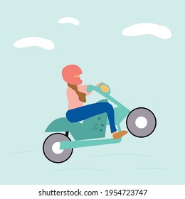  Do what you want to do. The concept of sports, active life and recreation.Happy girl dressed in trendy clothes riding city motorbike. Adorable young hipster woman on motobike. Vector illustration 
