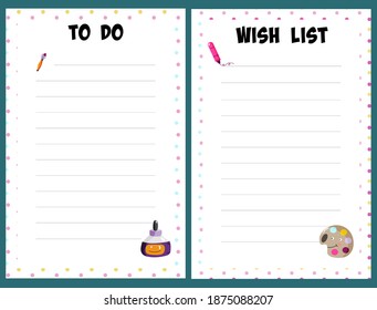 To do and wish list templates set with funny stationery characters. Vector set. Printable journal page.