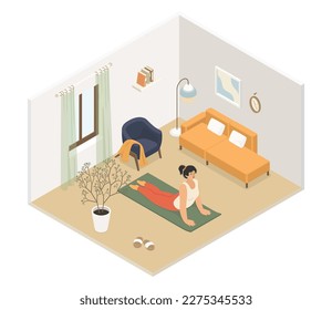 Do yoga at home - modern vector colorful isometric illustration. Woman in upward facing dog pose on living room carpet. Nearby is furniture - sofa, armchair, lamp and houseplant. Rest and calm idea