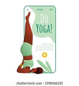 Do yoga smartphone interface vector template. Salamba Savargasana. Supported shoulderstand. Mobile app page green design layout. Woman doing yoga on screen. Flat UI for application. Phone display