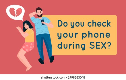 ¿Revisas tu teléfono durante el sexo? Problemas matrimoniales. Comprobando el hábito de los smartphones. Ilustración vectorial editable en colores brillantes aislados en un fondo rosado. Pancarta paisajista. Estilo de caricatura plano
